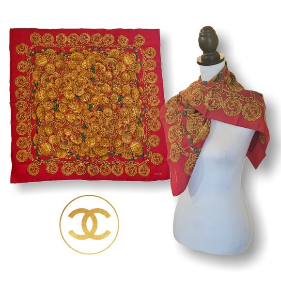 Chanel (Authentic) Red & Gold Jewel Motif 100% Silk 34" Large Vintage Scarf EUC